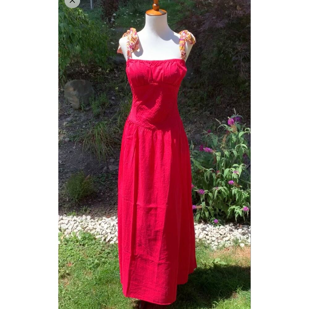 FREE PEOPLE Dress 4 Santorini Maxi‎ Ruched Corset Waist Milkmaid Tie Shoulder